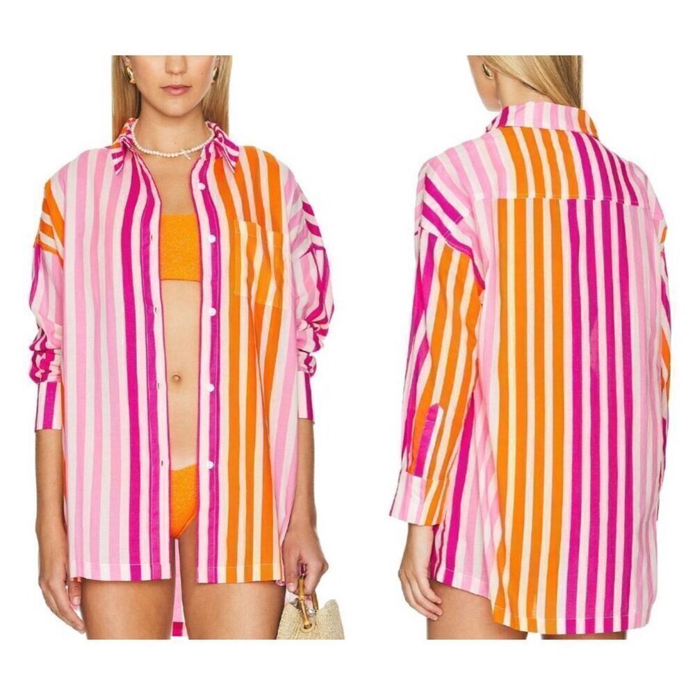 NWOT Beach Riot Pink White Alexa Striped Button Down Shirt Size Small/Medium